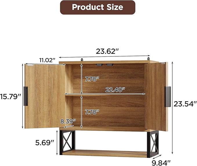 Fluted Bathroom Wall Storage Cabinet with Open Shelf, Floating Wall Mounted Medicine Cabinet with Adjustable Shelves, Over The Toilet for Bathroom, Laundry Room, Kitchen, Natural Oak