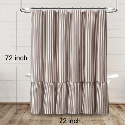 Farmhouse Shower Curtain Ruffle Linen White-Brown Stripe 72"W x 72"L | Farmhouse Boho, Striped, Bottom Ruffle, Cotton Fabric, Rustic, Country, Natural Look, Washable, for Bathroom Bathtub