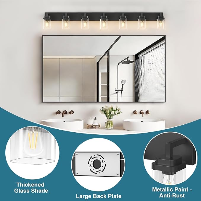 Matte Black Bathroom Light Fixtures, Modern Vanity Lights with Clear Glass Lamp Shade, Bathroom Lighting Fixtures Over Mirror, Restroom Vanity Lighting Fixture, 7-Light 52 Inch