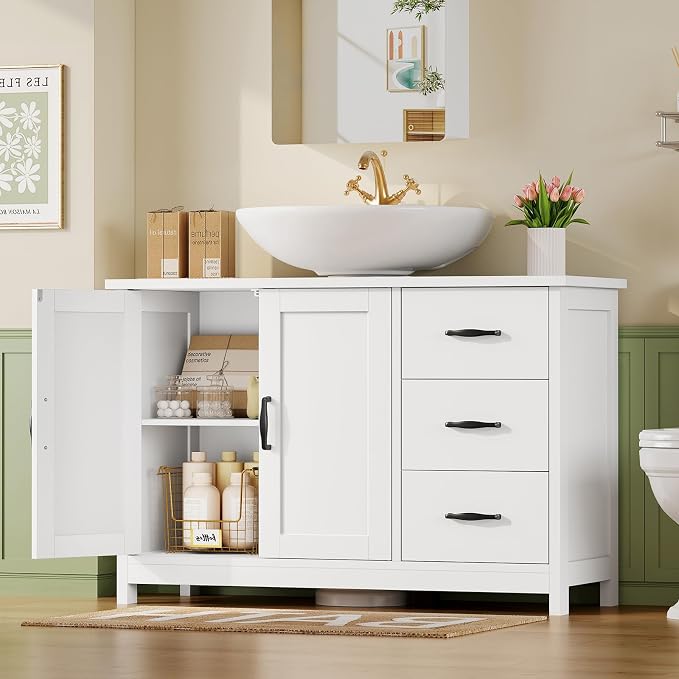 TEENFON Pedestal Sink Storage Cabinet with 2 Doors & 3 Drawers, Bathroom Sink Cabinet, Under Sink Cabinet with U-Shape Cut-Out, White