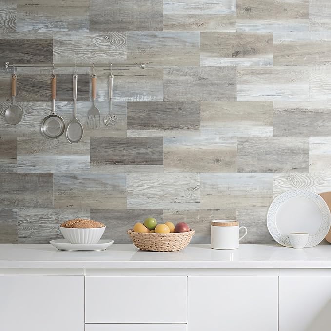 AULIGET 20-Piece Peel and Stick Backsplash Wall Tiles, 6" x 12" Vintage Wood PVC Faux Stone Stick on Tiles for Backsplash Kitchen