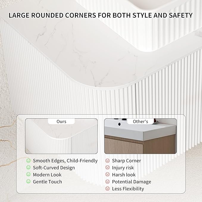 Yayzy 30" Floating Bathroom Vanity with Sink, Solid Wood Fluted Cabinet, White Fluted Square Ceramic Basin & Faux Marble Top, Soft-Close Drawer, Pre-Assembled, White