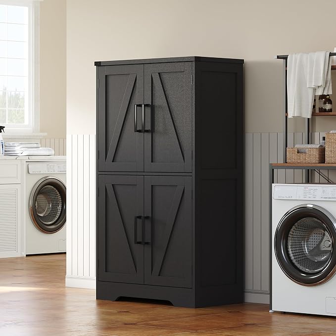 Treocho Farmhouse Bathroom Floor Cabinet with Adjustable Shelves | 13.78"D x 23.62"W x 43.46"H, Freestanding Kitchen Pantry Cabinet, Cupboard for Living Room, Dining Room, Black
