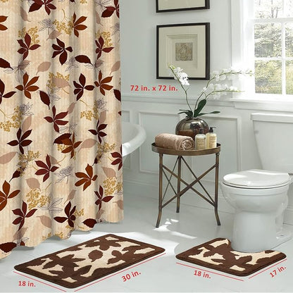 15-Piece Bathroom Shower Curtain Set – Set of 1 Shower Curtain & 12 Metal Hooks & 1 Bath Mat & 1 Contour Mat, Modern Bathroom Décor, Machine Washable, Blowing Leaves Chocolate