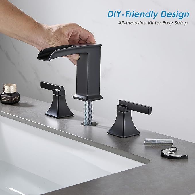 Black Waterfall Bathroom Faucet 3 Hole, Sanliv 8 or 4 Inch Widespread Bathroom Sink Faucets, Modern Vanity Faucet 3 Holes with Pop Up Drain and Supply Lines, ‎Matte Black