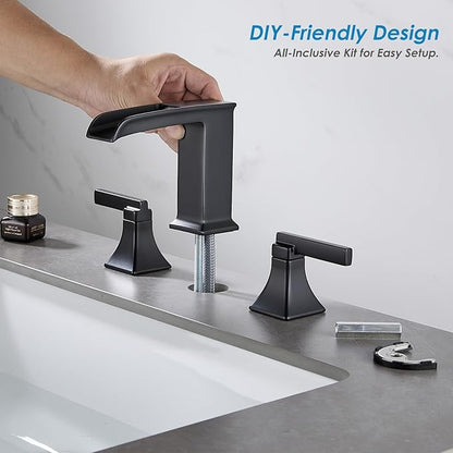 Black Waterfall Bathroom Faucet 3 Hole, Sanliv 8 or 4 Inch Widespread Bathroom Sink Faucets, Modern Vanity Faucet 3 Holes with Pop Up Drain and Supply Lines, ‎Matte Black