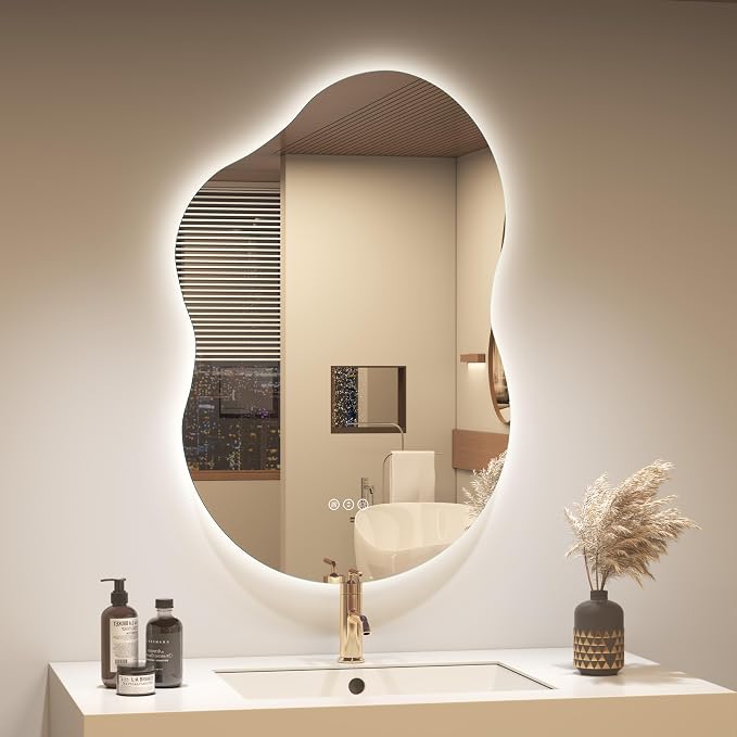 OKPAL Irregular Backlit Bathroom Mirror with Lights 24 x 36, Asymmetrical Cloud Led Lighted Vanity Mirror for Wall, Anit-Fog, Dimmable, Memory Function (Horizontal/Vertical)