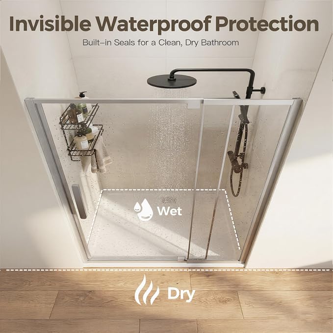 44-48" W x 72" H Semi-Frameless Pivot Swing Shower Doors, Chrome Finish | 1/4" (6mm) Clear SGCC Tempered Glass with a 24.8" walk-in opening, Reversible Installation, Magnetic Closing