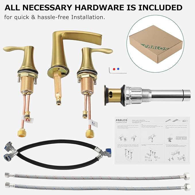PARLOS Waterfall Widespread Bathroom Faucet Double Handles with Metal Pop Up Drain & cUPC Faucet Supply Lines, Brushed Gold, Demeter 1431808