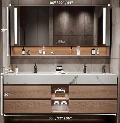 Double Sink Bathroom Vanities, 96IN Bathroom Vanity Cabinet Include LED Smart Defogging Mirror and Open Shelf, Solid Wood Bathroom Sink Vanity with Integrated Sink and Drawers Storage (Wood)