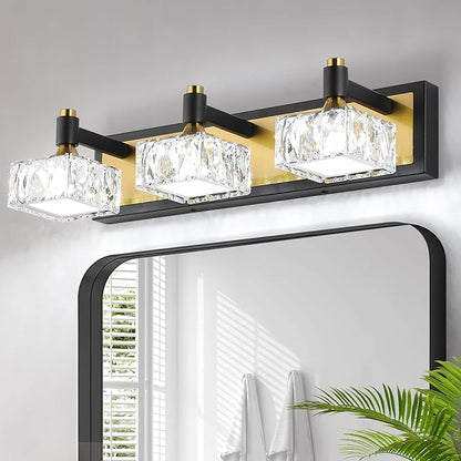 3-Light Bathroom Light Fixtures Over Mirror, Dimmable LED Bathroom Vanity Light with Crystal Shade, Black and Gold Modern Wall Sconce Light, Bathroom Lighting Fixtures Over Mirror, Bath Lamp