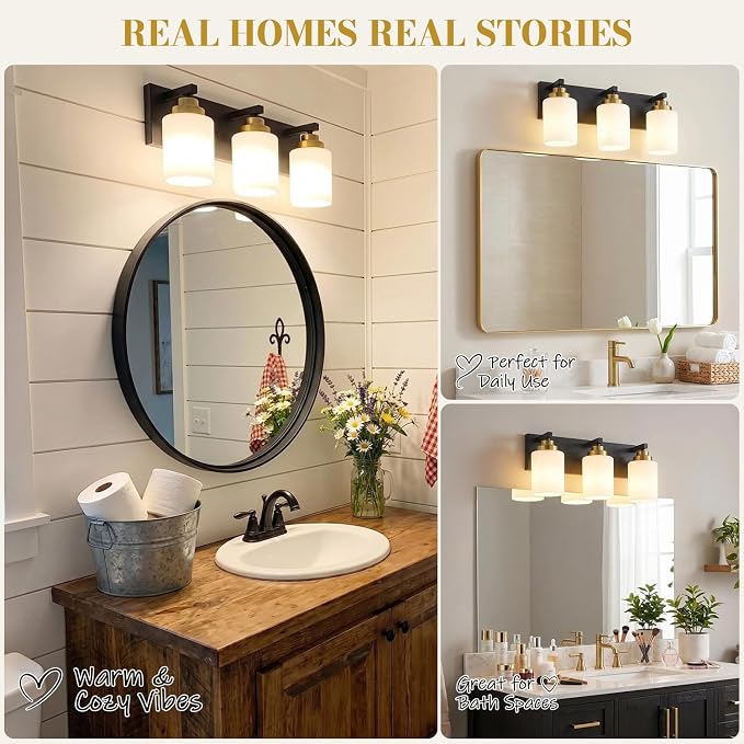 Vanity Lights for Bathroom, 3-Light Black and Gold Bathroom Vanity Light Over Mirror with Milky White Glass Shades, Modern Bathroom Light Fixtures for Living Room Hallway Cabinet (Bulbs Not Included)