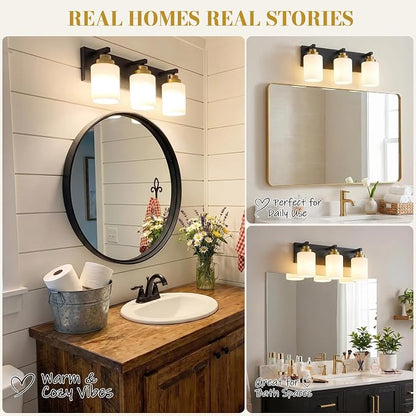 Vanity Lights for Bathroom, 3-Light Black and Gold Bathroom Vanity Light Over Mirror with Milky White Glass Shades, Modern Bathroom Light Fixtures for Living Room Hallway Cabinet (Bulbs Not Included)