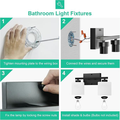 Honesorn Bathroom Light Fixtures Black, 2-Light Vanity Lights Over Mirror | Modern Bathroom Vanity Light with Milky White Frosted Shades, Wall Mounted Bathroom Lights, E26 Socket (Bulbs Not Included)