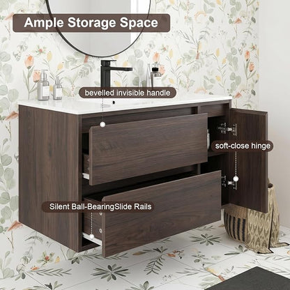 84 Inch Modern Floating Double Sink Bathroom Vanity, Wall-Mounted with Seamless Ceramic Top, Rounded Corners, Full-Extension Soft-Close Drawers & Concealed Drainage, White