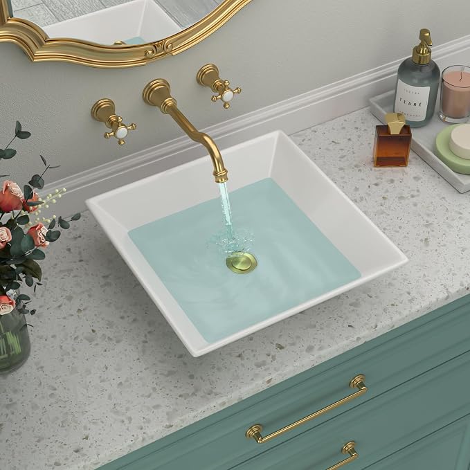 Square Bathroom Vessel Sink | Beslend 16"x16" Inch White Ceramic Porcelain Sink Above Counter Art Sink Basin
