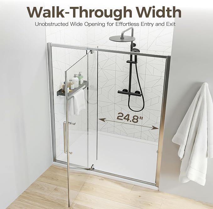 56-60" W x 72" H Semi-Frameless Pivot Swing Shower Doors, Chrome Finish | 1/4" (6mm) Clear SGCC Tempered Glass with a 24.8" walk-in opening, Reversible Installation, Magnetic Closing