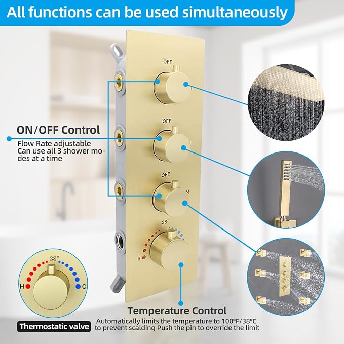 Brushed Gold Rain Shower System Thermostatic Bathroom Faucet Set 16X32 Inch Ceiling Mount Shower Head Set Complete With Thermostatic Control Valve Use All In One