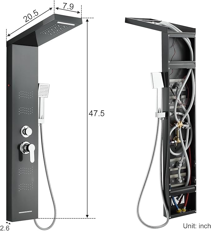 Stainless Steel Shower Panel Tower System with LED Lights, 5 in 1 Shower Panel with Rainfall Waterfall Shower Head, Body Spray, Handheld Shower, Tub Spout (Black)