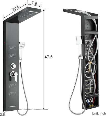 Stainless Steel Shower Panel Tower System with LED Lights, 5 in 1 Shower Panel with Rainfall Waterfall Shower Head, Body Spray, Handheld Shower, Tub Spout (Black)
