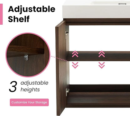 48" Bathroom Vanity with Sink Combo, Mid Century Modern Bathroom Cabinet with Doors & Open Shelf, Glossy White Integrated Sink with Overflow, Brown Walnut