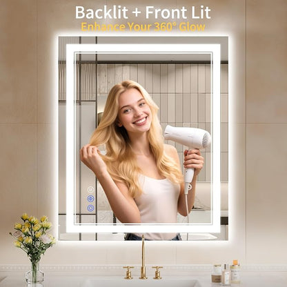 30"x36" LED Bathroom Mirror with Lights, Anti-Fog, Backlit + Front Lit, Dimmable, Led Vanity Mirror for Wall, Lighted Bathroom Mirror, 3 Colors, Shatter-Proof Tempered Glass