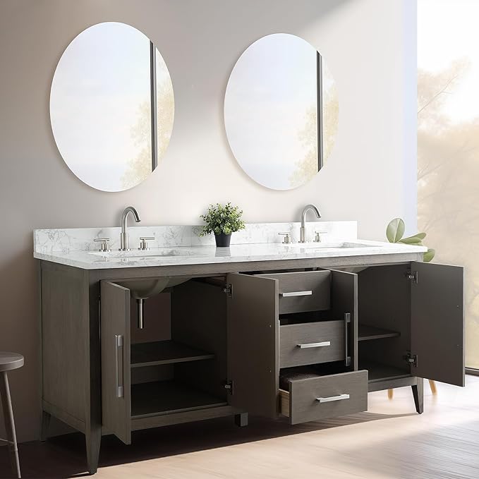 Vanity Art 72 inch Bathroom Vanity with Double Sink & Ceramic Top, Vanity Cabinet with Soft-Closing Doors, Drawers, Solid Wood Frame, Driftwood Gray, Matte Black Handware