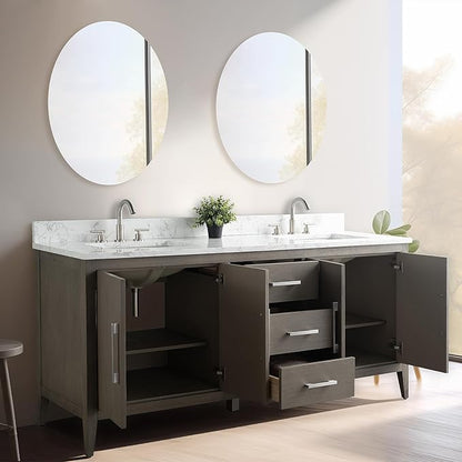 Vanity Art 72 inch Bathroom Vanity with Double Sink & Ceramic Top, Vanity Cabinet with Soft-Closing Doors, Drawers, Solid Wood Frame, Driftwood Gray, Matte Black Handware