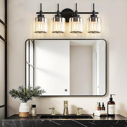 4 Light Round Crystal Vanity Lights, Modern Black Crystal Wall Light Bath Mirror Light Fixture Over Mirror Bathroom Wall Sconces for Bathroom Living Room