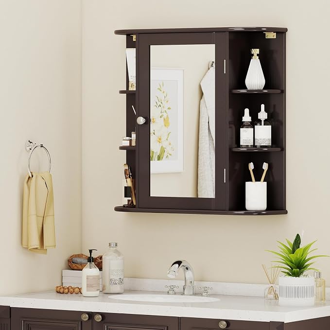 GIANTEX Bathroom Medicine Cabinet (Brown) | Wall Mounted Medicine Cabinet with Mirrored Door & 4 Interior Shelves, 6 Open Shelves, Space-saving Storage Cabinet
