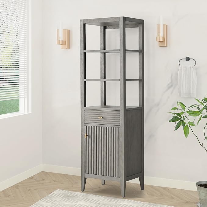 HOMEBEYOND Bathroom Vanity with Storage Cabinet & Shelves, Free-Standing Vanity with Soft-Closing Doors, Golden Brushed Handware, Driftwood Gray,