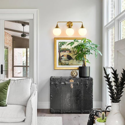 Bathroom Vanity Light Fixtures: 3-Light Mid Century Modern Bathroom Lighting Fixtures Over Mirror - Brass Gold Wall Sconce with Milky White Globe Glass for Bath Living Room