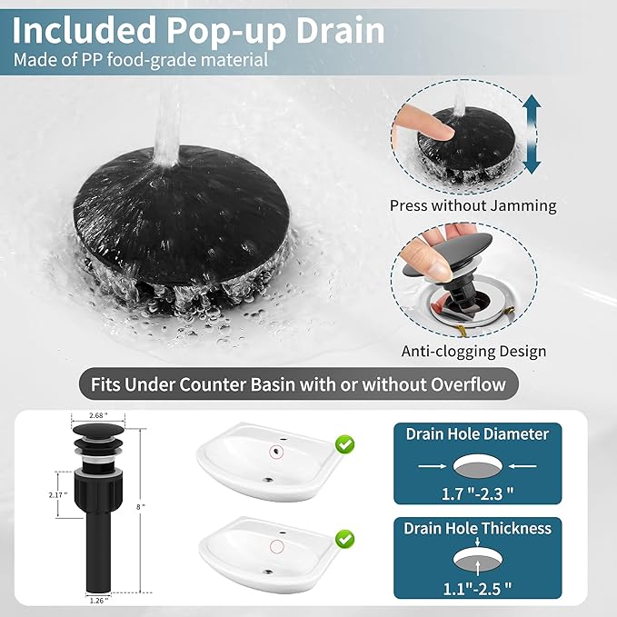 sagetta Waterfall Bathroom Sink Faucet Single Hole Black with Three Hole Cover Deck Plate, Pop up Drain and Water Hoses Stainless Steel Vanity
