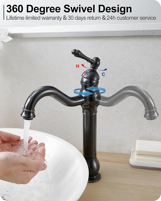 Oil Rubbed Bronze Bathroom Faucet 1 Hole, Brass Tall Bathroom Faucet Single Handle, 360 Degree Swivel Bath Faucet, Vessel Sink Faucet Bathroom Faucets with Pop-up Drain & Aerator for Farmhouse