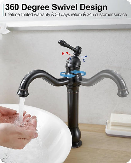Oil Rubbed Bronze Bathroom Faucet 1 Hole, Brass Tall Bathroom Faucet Single Handle, 360 Degree Swivel Bath Faucet, Vessel Sink Faucet Bathroom Faucets with Pop-up Drain & Aerator for Farmhouse