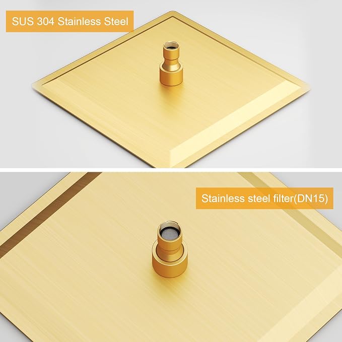 12 In Rain Shower Head High Pressure Rainfall Shower Head Brushed Gold | Square Rain Bathroom Showerhead, High Flow, Large Stainless Steel, Ceiling Mounted, Wall Mounted, Waterfall Full Body