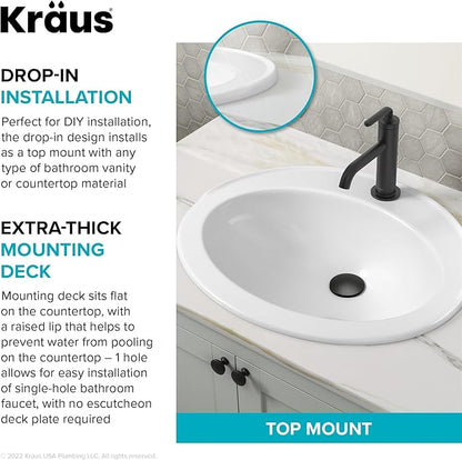 KRAUS Elavo 22 in. Oval Porcelain Ceramic Self-Rimming Drop In Bathroom Sink in White with Overflow Drain, KCT-101