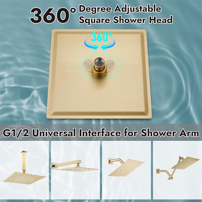 Midanya Square Rain Shower Head,High Pressure,Brushed Gold 12 Inch | 360°Swivel,Ceiling or Wall Mount,Waterfall Full Body Coverage,Bathroom Remodel,Stainless Steel Large Rainfall Shower Head