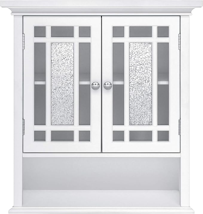 Teamson Home Windsor White Engineered Wood Bathroom Wall Cabinet with Glass Mosaic Doors
