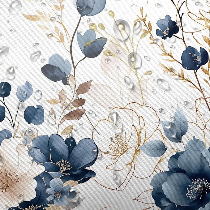 Sanzugh Navy Blue and Gold Flower Long Shower Curtain, Boho Watercolor Floral Leaves Cute Fabric Shower Curtains Set for Bathroom Decorative with Hooks 72 X 78 inch Beautiful Bath Decor