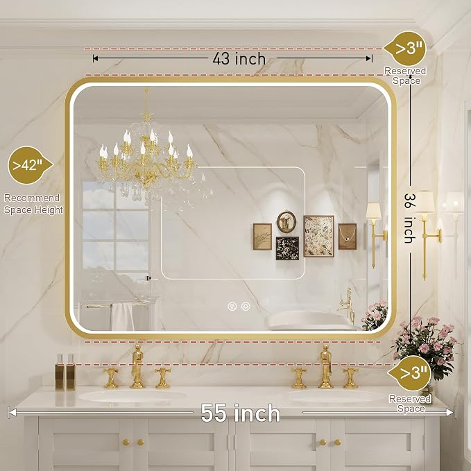 43X36 Inch Gold Framed LED Lighted Bathroom Mirror