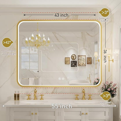 43X36 Inch Gold Framed LED Lighted Bathroom Mirror
