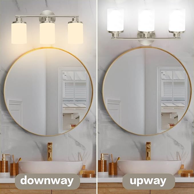 Brushed Nickel Bathroom Light Fixtures,3-Light Nickel Vanity Lights, Bathroom Lights Over Mirror,Modern Wall Sconces with Frosted Glass Shades for Bathroom,Living Room