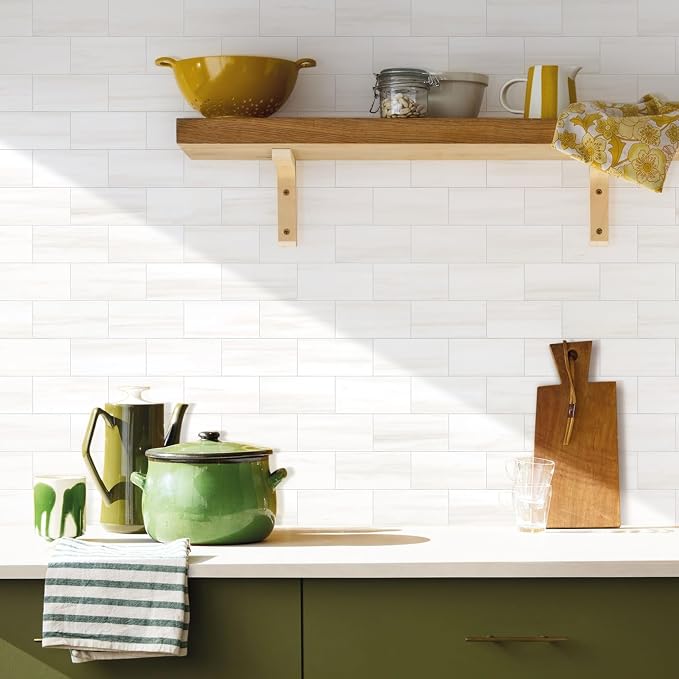 Vamos Tile 100-Piece Glossy Dolomite White Peel and Stick Backsplash Tile,3''x6'' PVC Subway Tile with White Grout, Stick on Backsplash for Kitchen/Bathroom/Fireplace
