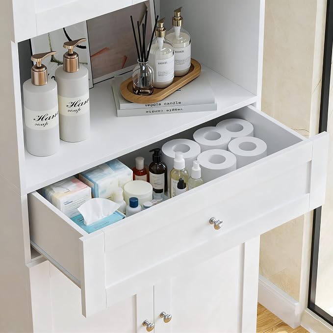 HIFIT Tall Bathroom Storage Cabinet with Drawer, Modern Linen Cabinet,White | 67"H Tall Storage Cabinet with Doors & Shelves, Freestanding Kitchen Pantry for Bathroom, Dining Room, Laundry, Narrow Corner