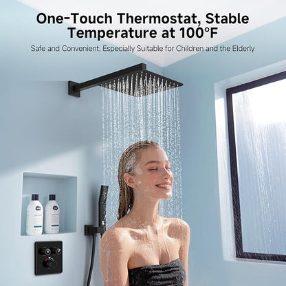 SR SUN RISE 100℉ Thermostatic Shower System,10" Luxury Rainfall Shower Head and High-Pressure Handheld Bathroom Shower Faucet Set,Shower Valve and Trim Kit Included (Matte Black)