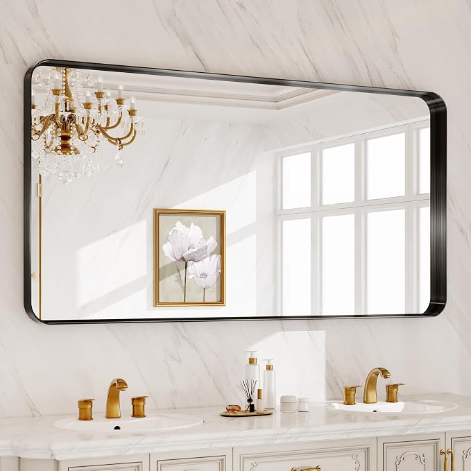 72 x 32 Inch Black Metal Framed Bathroom Mirror for Wall, Matte Framed Rounded Rectangular Modern Mirrors for Over Sink, Anti-Rust, HD Tempered Glass, Farmhouse, Hangs Horizontally or Vertically
