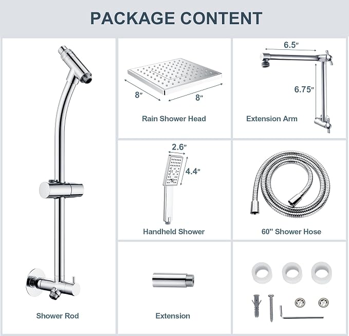 BRIGHT SHOWERS Rain Shower Heads System, Rainfall Shower Head with Handheld Spray Combo Includes Solid Brass Slide Bar, Height Adjustable Shower Holder, Shower Extension Arm and 60" Long Hose, Chrome