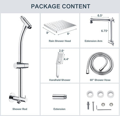 BRIGHT SHOWERS Rain Shower Heads System, Rainfall Shower Head with Handheld Spray Combo Includes Solid Brass Slide Bar, Height Adjustable Shower Holder, Shower Extension Arm and 60" Long Hose, Chrome
