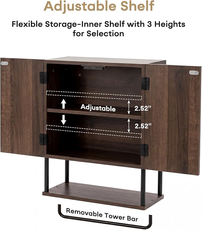 Fluted Bathroom Wall Cabinet,Wood Medicine Cabinet with Towel Bar Walnut | Fernitry Over the toilet Storage Cabinet Walnut Wall Mounted with Adjustable Shelf 3 Tier Farmhouse with 2 Doors Retro